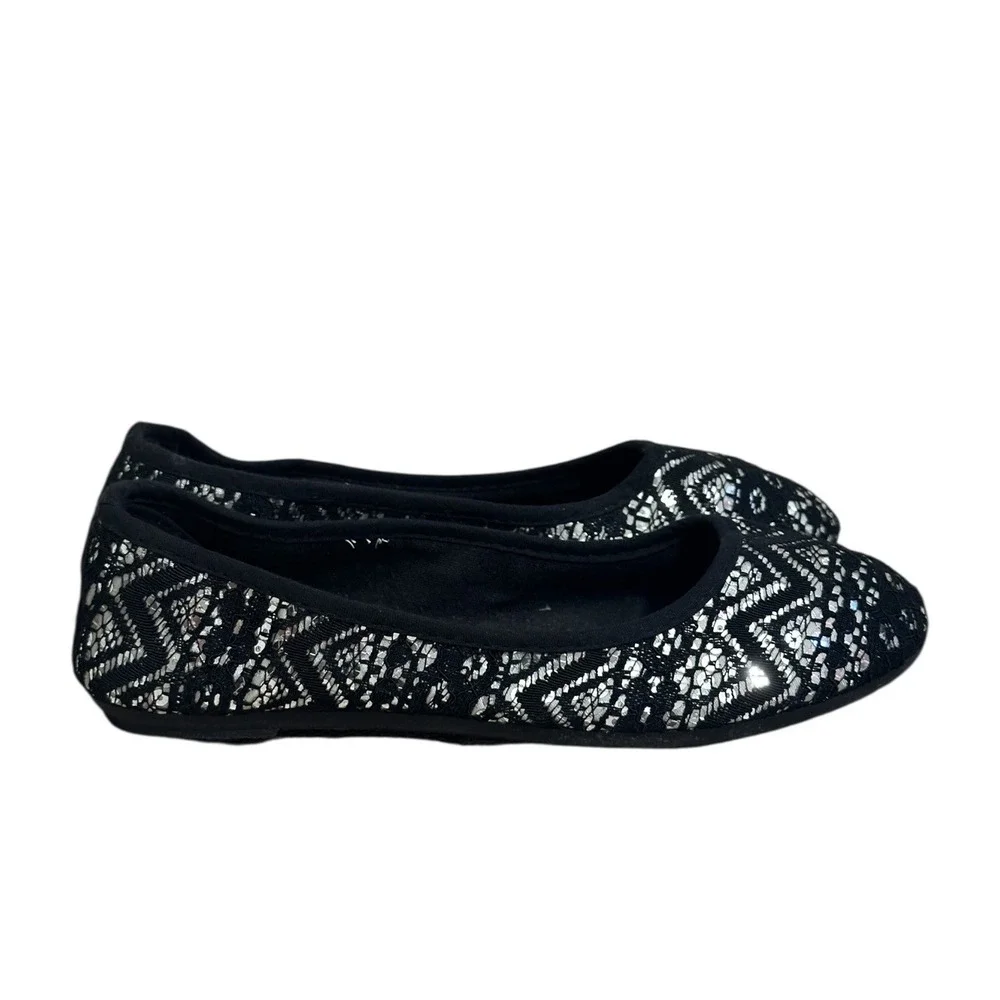 Aviva Black Silver Lace Ballet Flats Round Toe Slip On Shoes Women's Size 7‎
